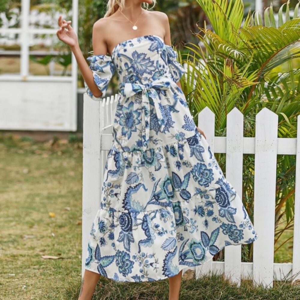 Boho floral belted ruffle hem off shoulder Dress - Picture 1 of 5